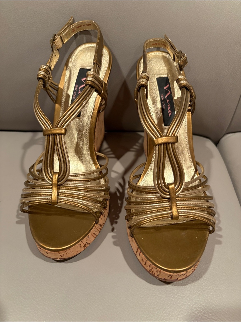 Nina Metallic Gold Strappy Cork Platform Sandals - Nina